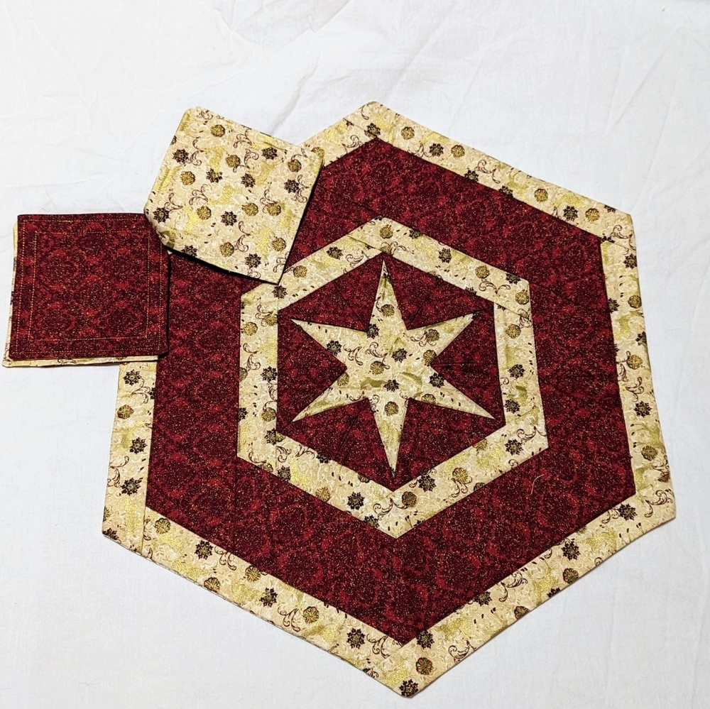 Handmade, quilted table decor with matching coasters, winter themed, brand new